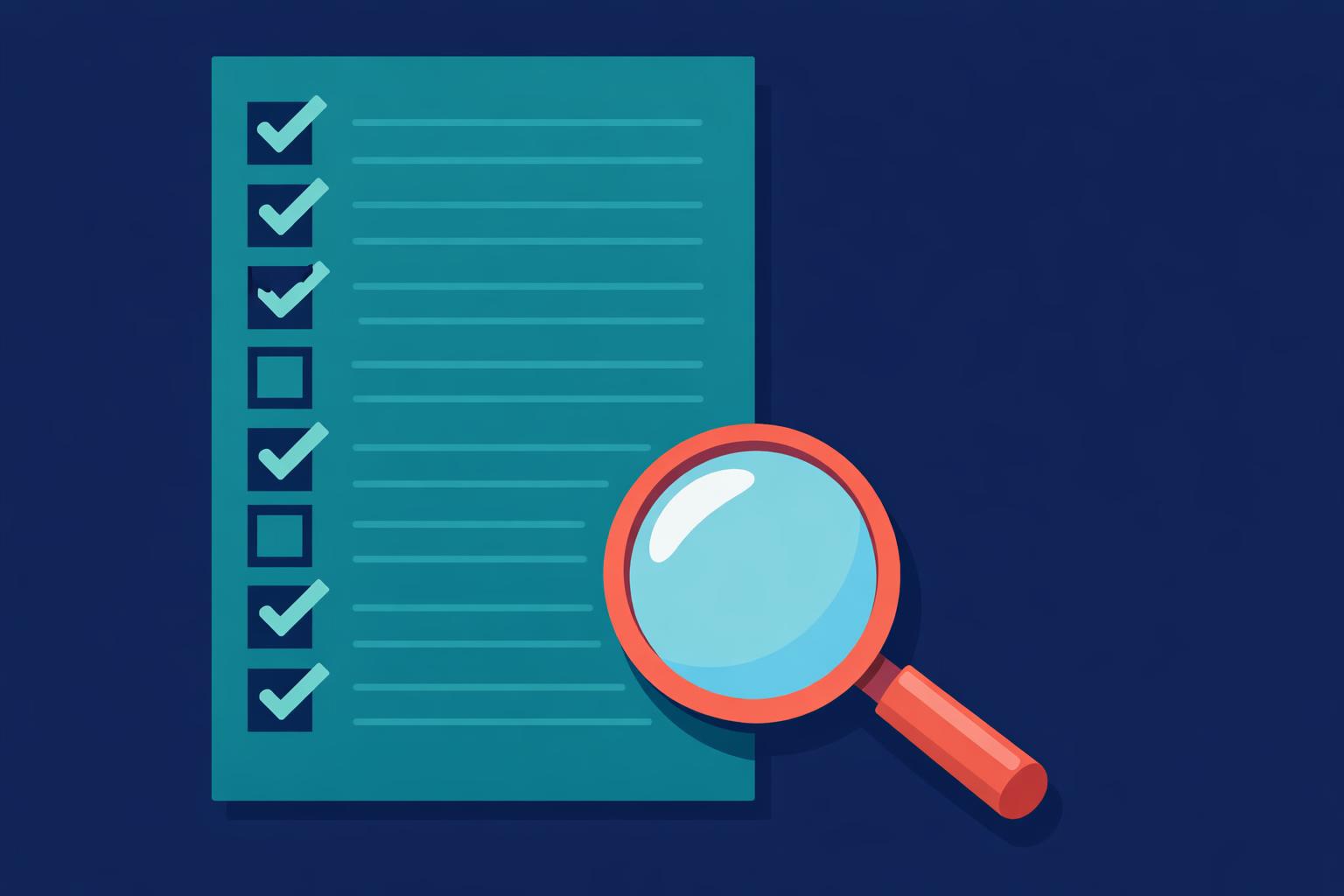 Liste de contr&ocirc;le d&rsquo;audit technique, points coch&eacute;s et restants, examin&eacute;e &agrave; la loupe